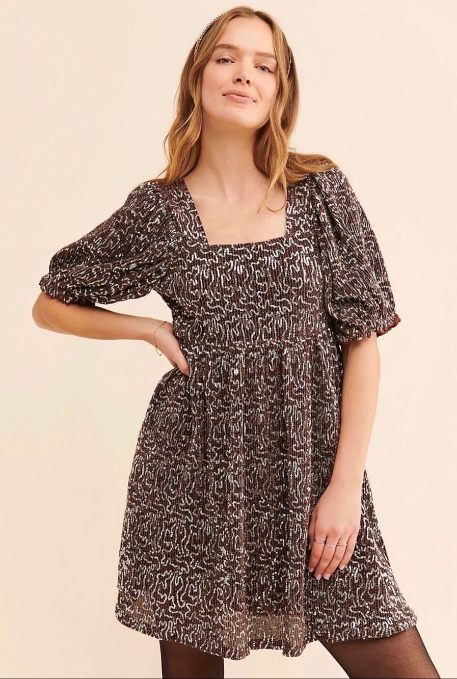 Moon River Sequin Babydoll Mini Dress Brown Silver Party Puff Sleeve Medium